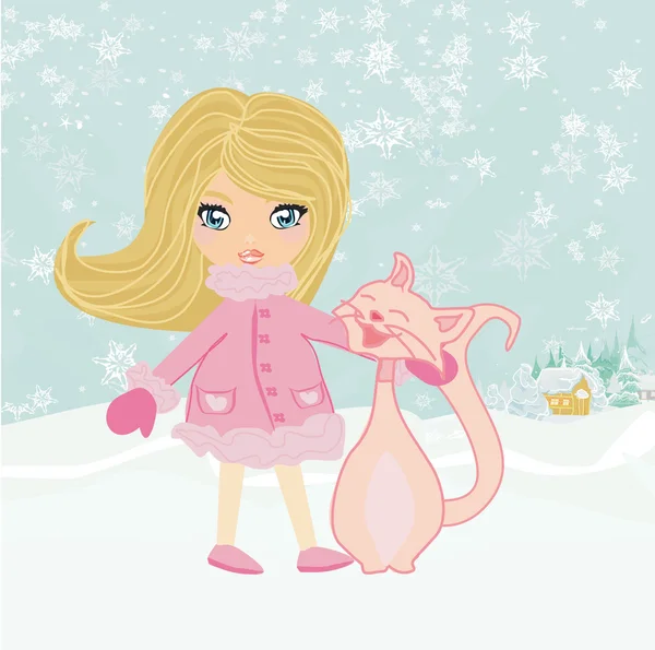 Little winter girl and her happy cat — Stock Vector