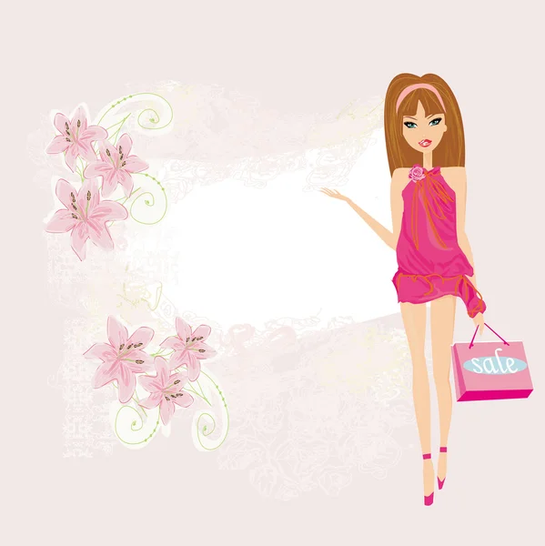 Fashion shopping girl showing message bord — Stock Vector