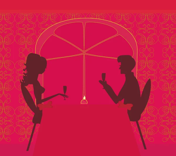 Jeune couple silhouette flirt et boire du champagne au restaurant — Image vectorielle