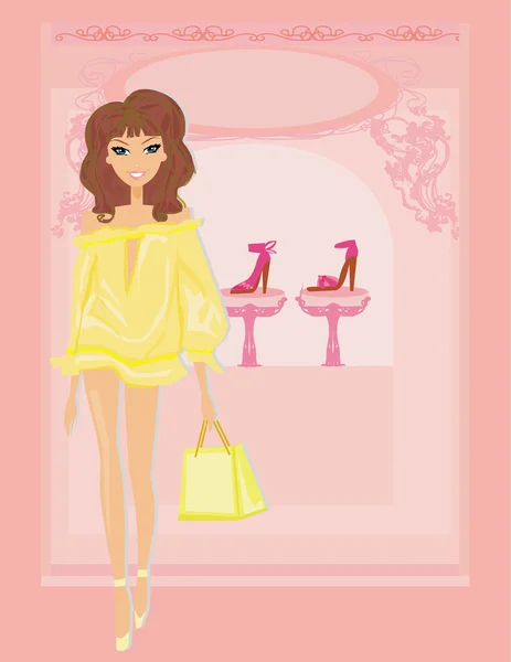 Fashion girl shopping in shoe shop — Stock Vector