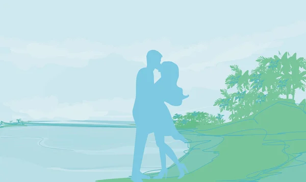 Pareja de siluetas en playa tropical — Vector de stock