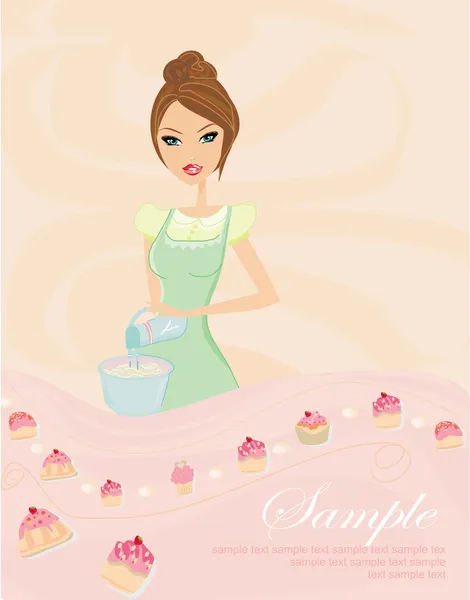 Hermosa señora cocinar pastel — Vector de stock