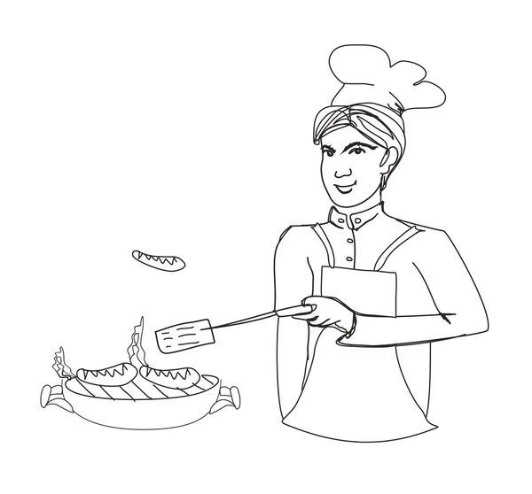 Dessin animé Homme habillé en costume de grillage cuisson de la viande en plein air  - — Image vectorielle