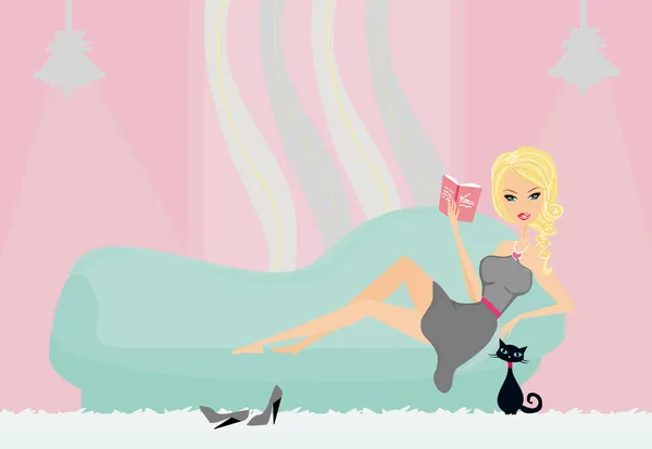 Relax time - girl reading book on sofa in home — Stock Vector