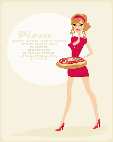 Hermosa mujer camarera disfruta de la tarjeta de pizza — Vector de stock
