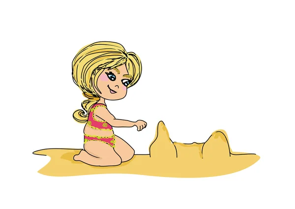 Illustration little girl building a sand castle at the beach - d — Stock Vector