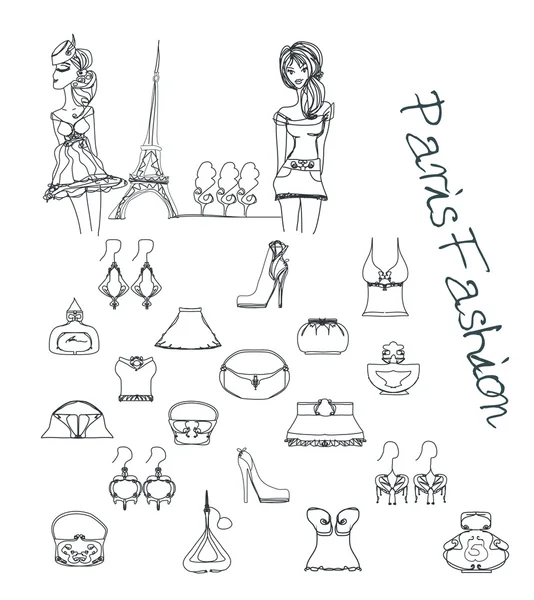 Paris moda doodles set — Vetor de Stock