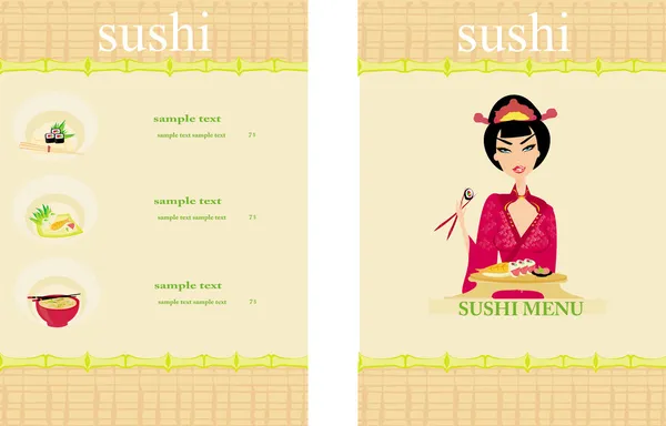 Template of traditional Japanese food menu with Asian girl set c — Stock Vector