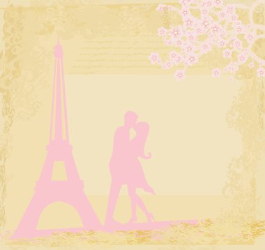 Romantik Çift siluet Paris Eiffel vaktimiz öpüşme