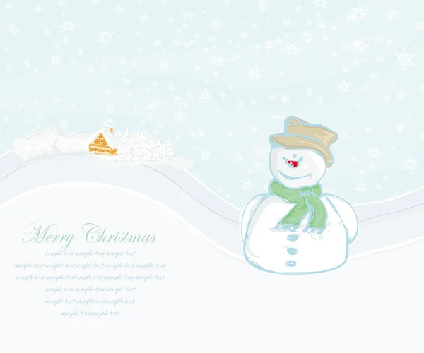 Happy snowman on winter landscape card — Stock Vector