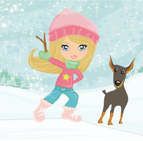 冬天的小女孩和她的狗 — 图库矢量图片