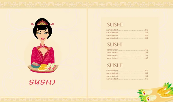 Beautiful Asian girl enjoy sushi card — Stock Vector