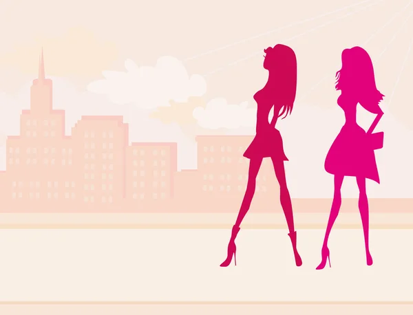 Fashion girls Shopping silhouettes — Stock Vector