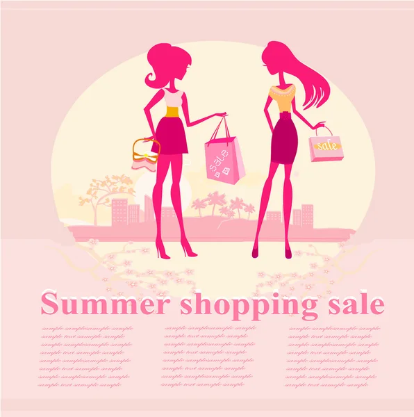 Fashion silhouettes girls Shopping in the city - Summer shopping — Stock Vector