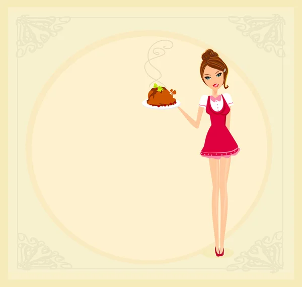 Beautiful Waitress serving a chicken — Stock Vector