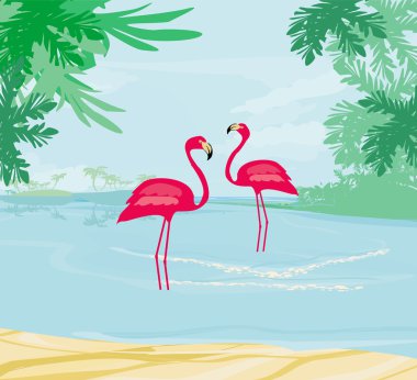 Yeşil palmiyeli ve pembe flamingolu resim 