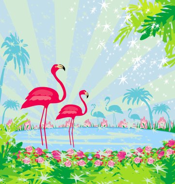 Yeşil palmiyeli ve pembe flamingolu resim