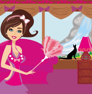 Seksi poster tarzı Fransız hizmetçi odayı temizliyor.