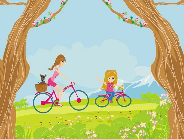 Madre e hija en bicicleta en el parque — Vector de stock