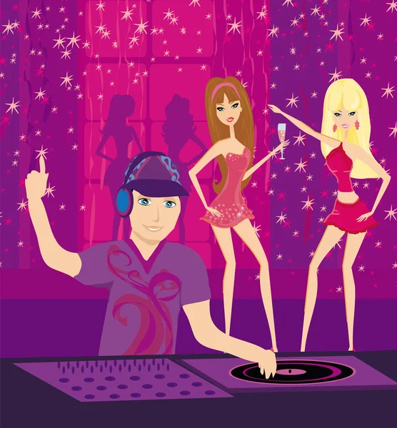 DJ i dziewczyny tańczą na imprezie — Wektor stockowy