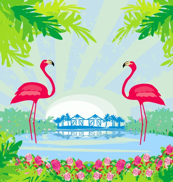 Illustration med gröna palmer och rosa flamingo — Stock vektor