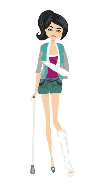 Sad girl with a broken arm and leg — Stock Vector