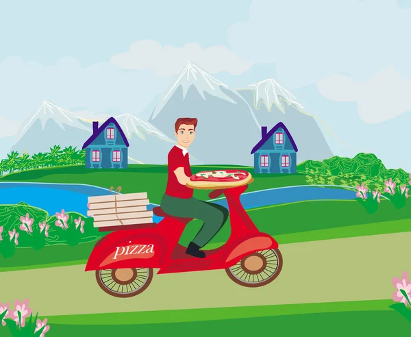 Repartidor de pizza en una motocicleta — Vector de stock