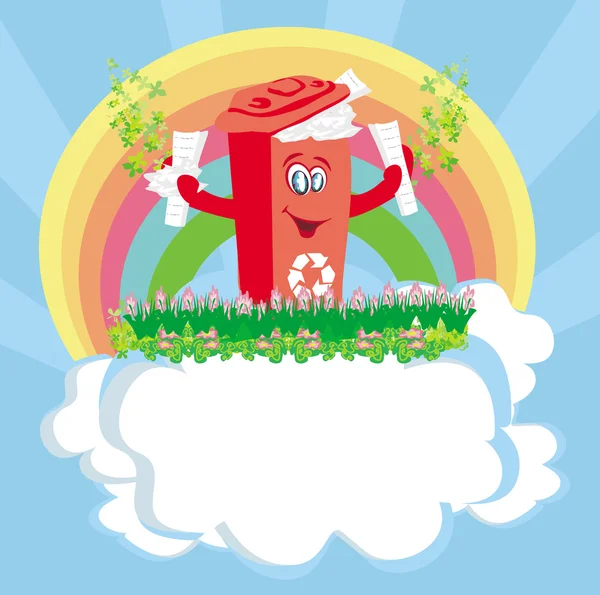 Reciclaje de papelera roja con papeles - ilustración de caracteres — Vector de stock