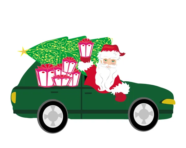 Illustration of Santa Claus driving car with Christmas gift — Stock Vector