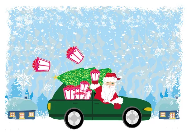 Абстрактная открытка с Санта-Клаусом за рулем автомобиля с рождественским подарком — стоковый вектор