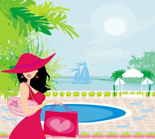 Mujer elegante en vacaciones tropicales — Vector de stock