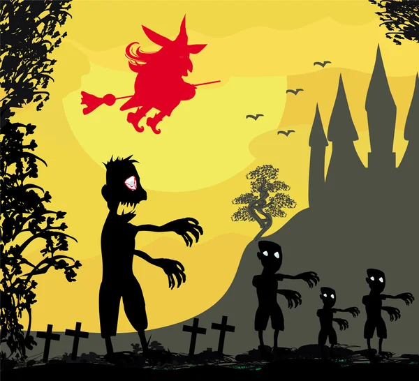 Ataques de zumbis - cartão engraçado para Halloween — Vetor de Stock