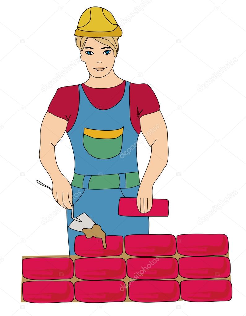 Builder working. Working mason makes laying bricks, doodle illus