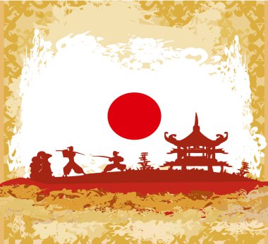 eski bir kağıt ile samuray siluet tasarlamak Japon bayrağı geri