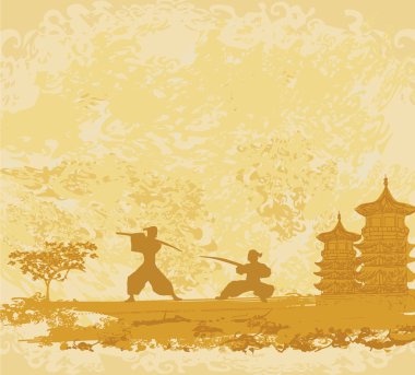 Samuray silueti olan eski bir kağıt. 