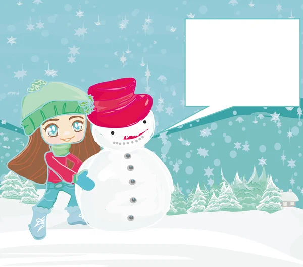 Niña y muñeco de nieve en la tarjeta de paisaje de invierno — Vector de stock