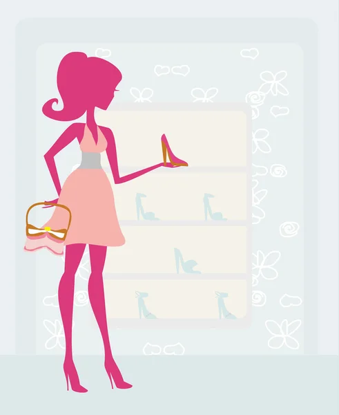 Fashion girl silhouette on shopping in shoe shop — Stock Vector