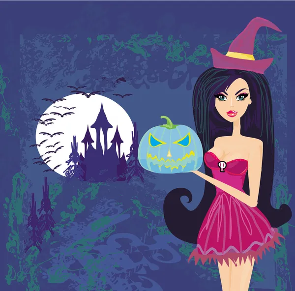 Bruja de Halloween de pie con calabaza en la oscuridad landsca castillo — Vector de stock