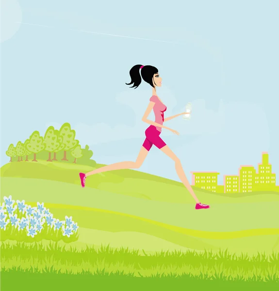 夏の公園でジョギングのスリムな女の子 — ストックベクタ