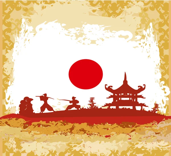 オールド紙と抽象的な日本の国旗をバックに侍のシルエット — ストックベクタ