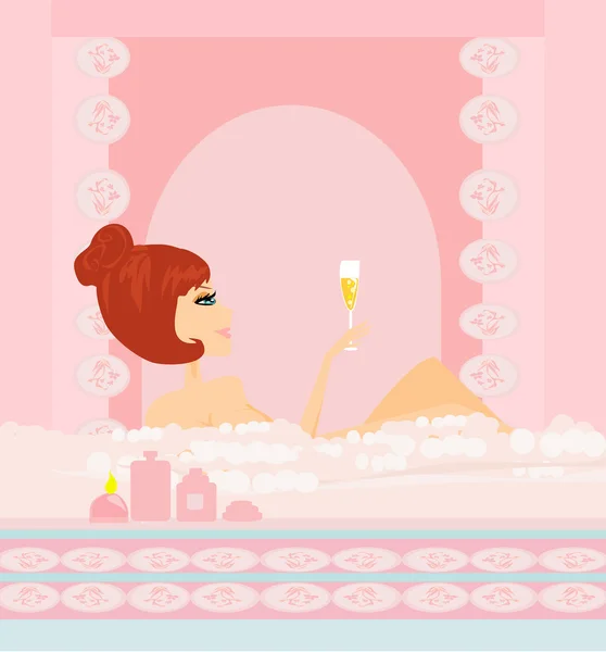 Pretty girl in bath with champagne enjoying elegant spa — Stock Vector