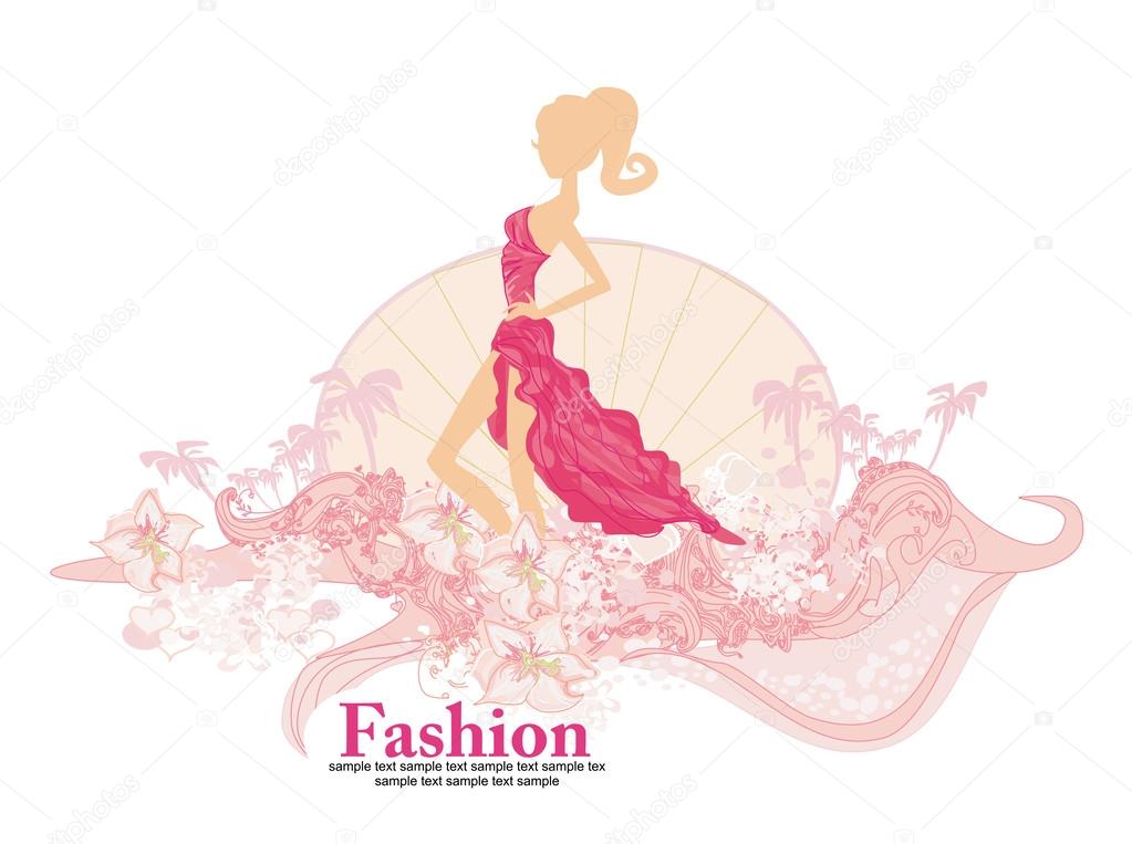 Fashion shopping girl on grunge floral background 