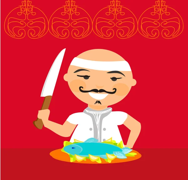 Японский повар с ножом и рыбой на подносе — стоковый вектор