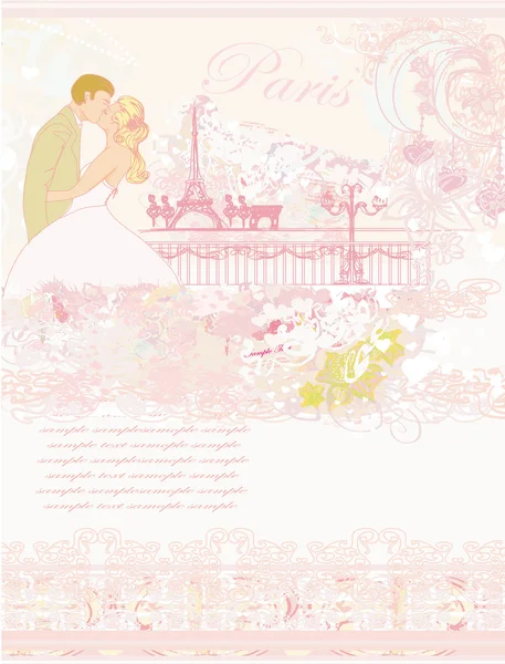 Romantic wedding couple in Paris kissing near the Eiffel Tower — Stock Vector