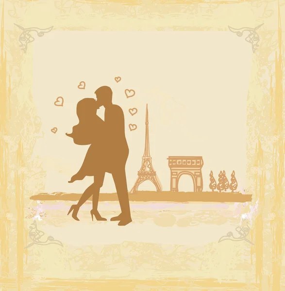 Romantický pár v Paříži líbání v blízkosti Eiffelovy věže — Stockový vektor
