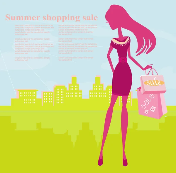 Moda silhouette ragazza Shopping in città — Vettoriale Stock