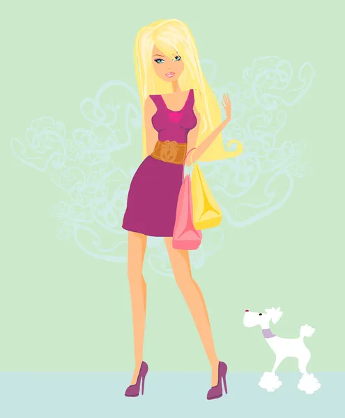 Compras chica y su perro — Vector de stock