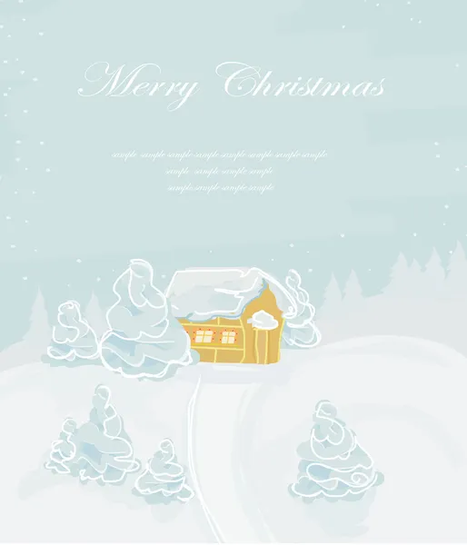 Casa de Navidad y árbol en el paisaje montañoso de nieve-deriva — Vector de stock