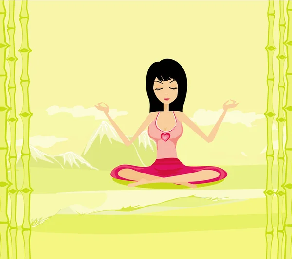 Tjej sitter och mediterar i lotusställning — Stock vektor