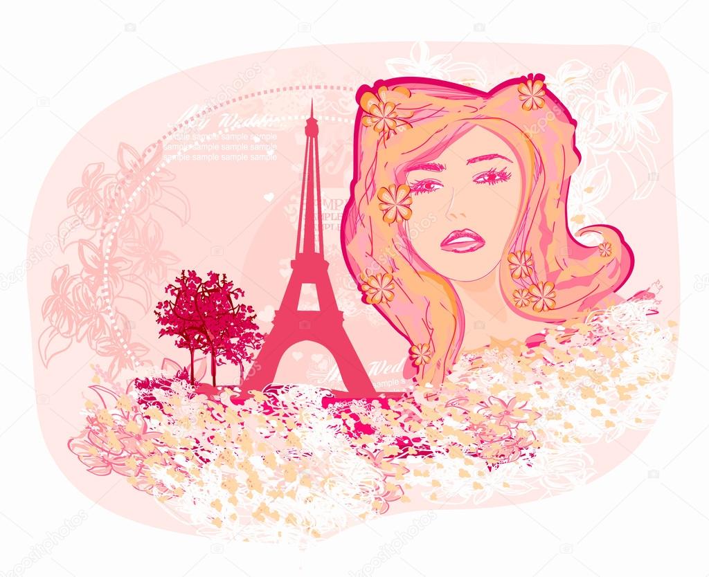 beautiful girl portrait with tour eiffel tower on the background